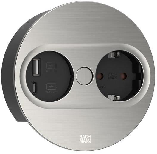 Модул TWIST 2 КРЪГЪЛ с 1х Шуко и USB тип A+C, с кабел 2м, цвят Инокс, Bachmann