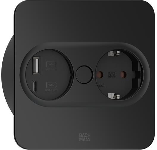 Модул TWIST 2 КВАДРАТЕН с 1х Шуко и USB тип A+C, с кабел 2м, цвят Черен, Bachmann