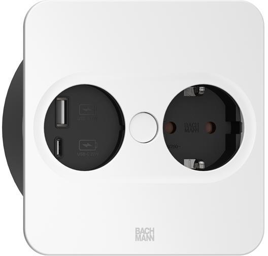 Модул TWIST 2 КВАДРАТЕН с 1х Шуко и USB тип A+C, с кабел 2м, цвят Бял, Bachmann