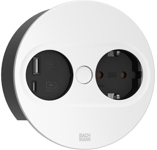 Модул TWIST 2 КРЪГЪЛ с 1х Шуко и USB тип A+C, с кабел 2м, цвят Бял, Bachmann
