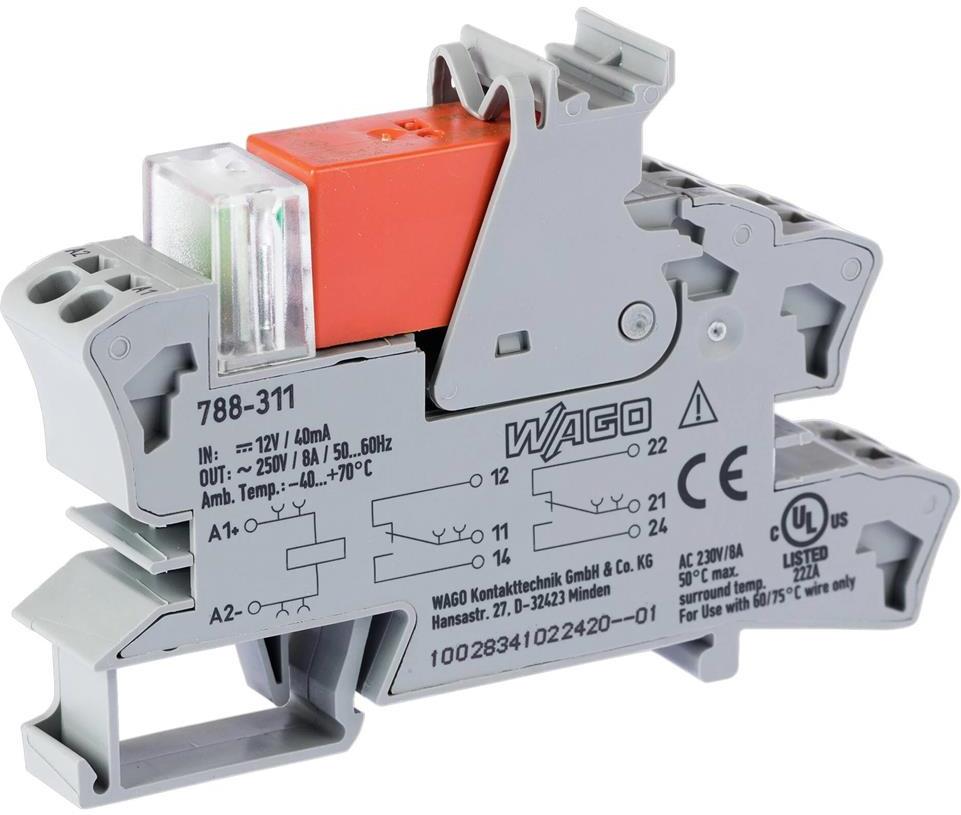 Релеен модул 12 VDC, 8A, червен индикатор, 2 превключващи контакта, 15мм, монтаж на DIN шина Wago