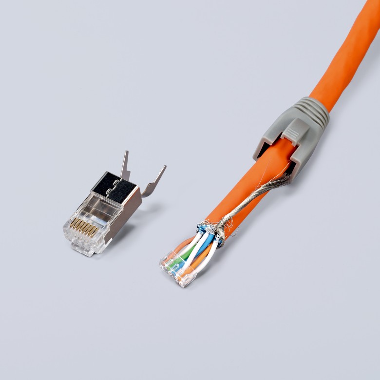 Инструмент за кримпване на RJ45, заголване и рязане, синьо-червена ръкохватка 190мм, с пружина, Knipex