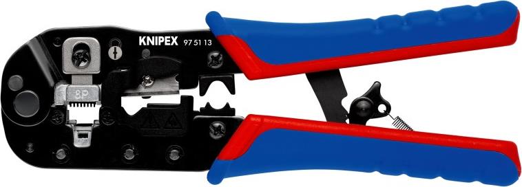 Инструмент за кримпване на RJ45, заголване и рязане, синьо-червена ръкохватка 190мм, с пружина, Knipex