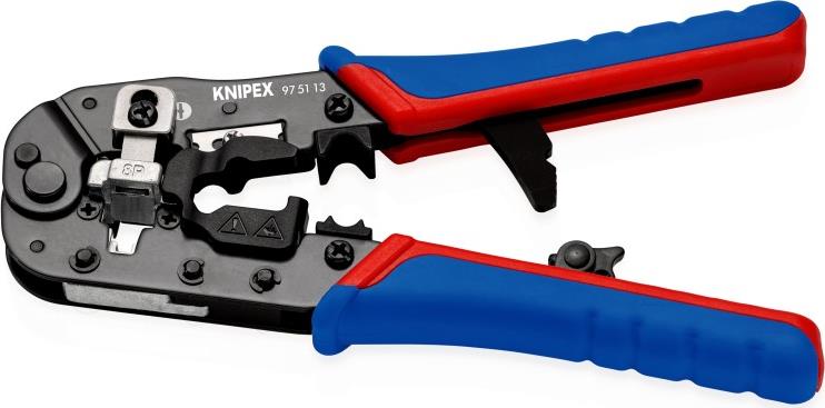 Инструмент за кримпване на RJ45, заголване и рязане, синьо-червена ръкохватка 190мм, с пружина, Knipex
