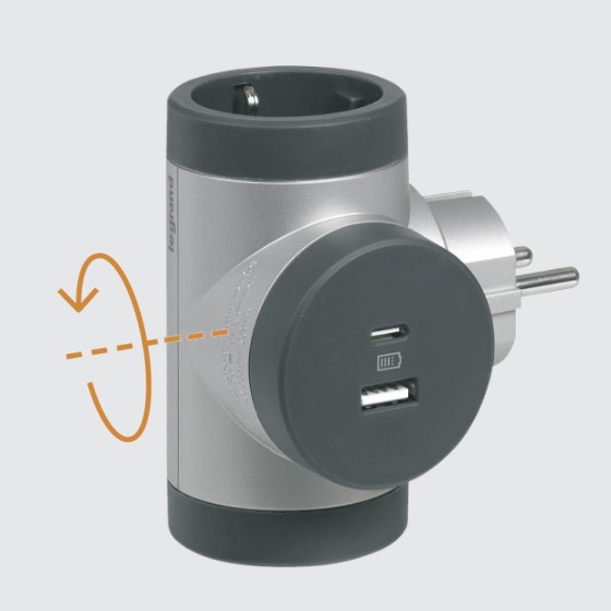 Адаптер за контакт 2х Шуко Т-образен въртящ с USB A+C алуминий NEW Legrand