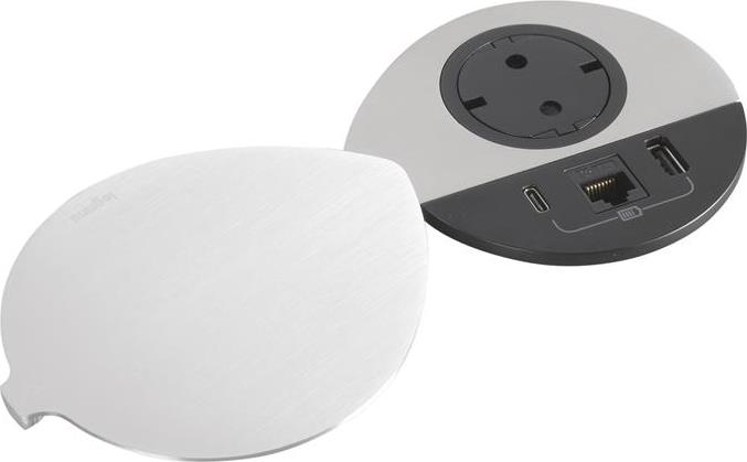 Модул за вграждане в бюро с 1х Шуко, USB тип A+C и 1х RJ45 Cat.6 UTP, кабел 2m, Ø80mm, цвят ЧЕРЕН с капак, Incara Disq Legrand