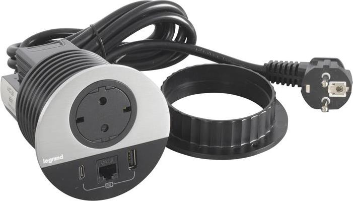 Модул за вграждане в бюро с 1х Шуко, USB тип A+C и 1х RJ45 Cat.6 UTP, кабел 2m, Ø80mm, цвят ЧЕРЕН МЕТАЛ, Incara Disq Legrand