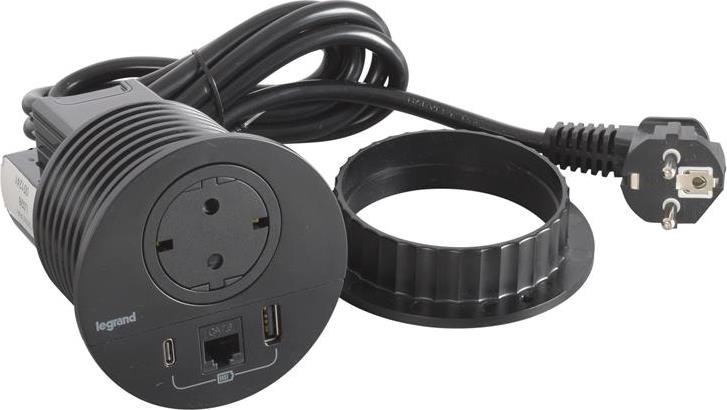 Модул за вграждане в бюро с 1х Шуко, USB тип A+C и 1х RJ45 Cat.6 UTP, кабел 2m, Ø80mm, цвят ЧЕРЕН, Incara Disq Legrand