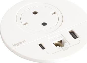 Модул за вграждане в бюро с 1х Шуко, USB тип A+C и 1х RJ45 Cat.6 UTP, кабел 2m, Ø80mm, цвят БЯЛ, Incara Disq Legrand