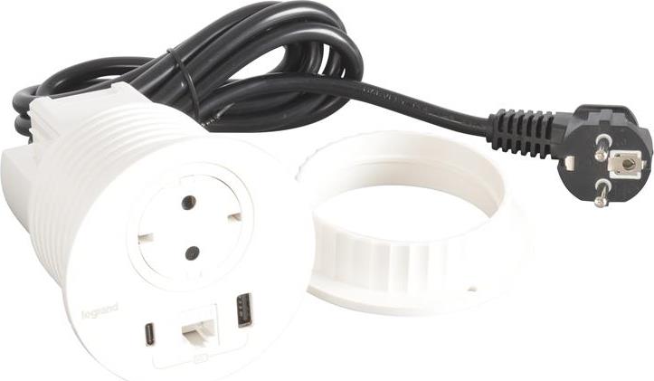 Модул за вграждане в бюро с 1х Шуко, USB тип A+C и 1х RJ45 Cat.6 UTP, кабел 2m, Ø80mm, цвят БЯЛ, Incara Disq Legrand