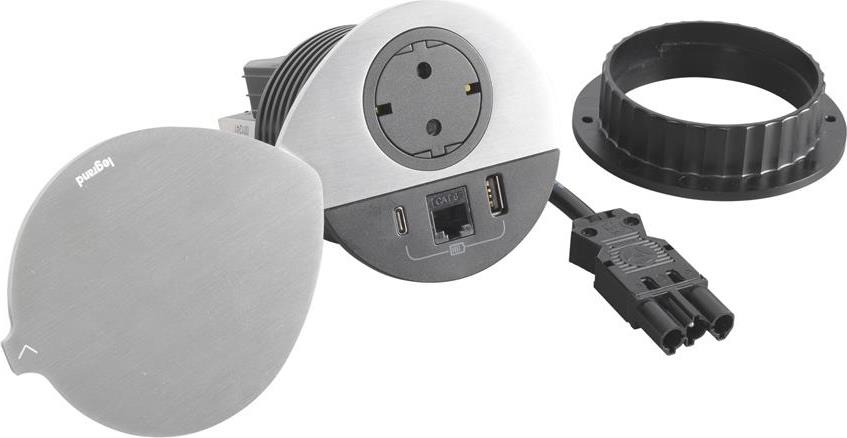 Модул за вграждане в бюро с 1х Шуко, USB тип A+C и 1х RJ45 Cat.6 UTP, GST18, Ø80mm, цвят ЧЕРЕН с капак, Incara Disq Legrand
