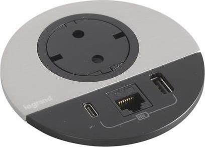 Модул за вграждане в бюро с 1х Шуко, USB тип A+C и 1х RJ45 Cat.6 UTP, GST18, Ø80mm, цвят ЧЕРЕН МЕТАЛ, Incara Disq Legrand