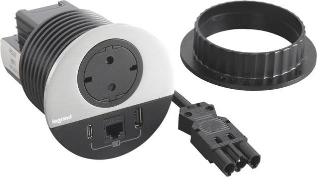 Модул за вграждане в бюро с 1х Шуко, USB тип A+C и 1х RJ45 Cat.6 UTP, GST18, Ø80mm, цвят ЧЕРЕН МЕТАЛ, Incara Disq Legrand