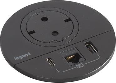 Модул за вграждане в бюро с 1х Шуко, USB тип A+C и 1х RJ45 Cat.6 UTP, GST18, Ø80mm, цвят ЧЕРЕН, Incara Disq Legrand