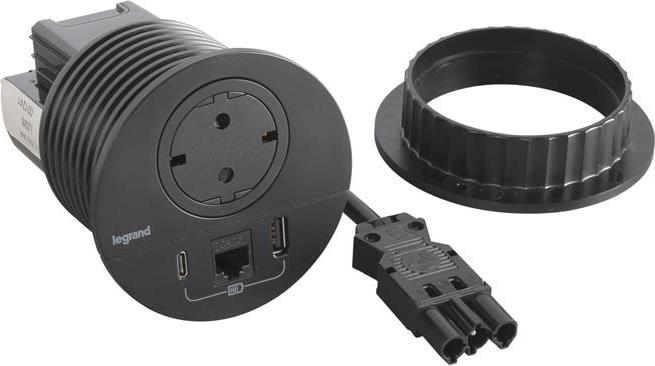 Модул за вграждане в бюро с 1х Шуко, USB тип A+C и 1х RJ45 Cat.6 UTP, GST18, Ø80mm, цвят ЧЕРЕН, Incara Disq Legrand
