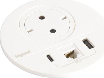 Модул за вграждане в бюро с 1х Шуко, USB тип A+C и 1х RJ45 Cat.6 UTP, GST18, Ø80mm, цвят БЯЛ, Incara Disq Legrand