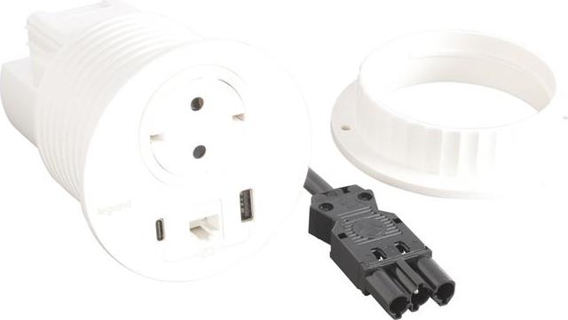 Модул за вграждане в бюро с 1х Шуко, USB тип A+C и 1х RJ45 Cat.6 UTP, GST18, Ø80mm, цвят БЯЛ, Incara Disq Legrand