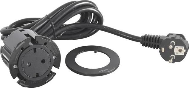 Модул за вграждане в бюро с 1х Шуко, кабел 2m, Ø60mm, цвят ЧЕРЕН, Incara Disq Legrand