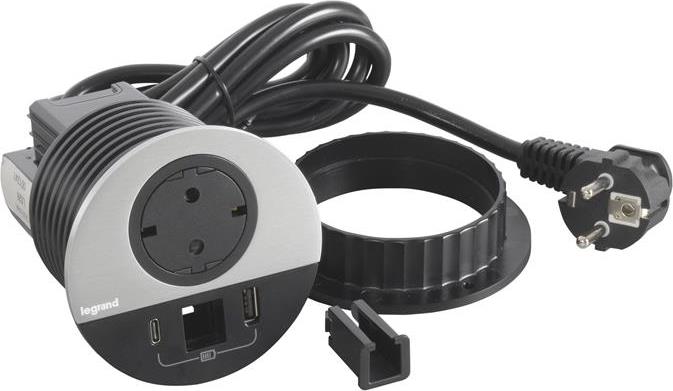 Модул за вграждане в бюро с 1х Шуко и USB тип A+C, кабел 2m, Ø80mm, цвят ЧЕРЕН МЕТАЛ, Incara Disq Legrand