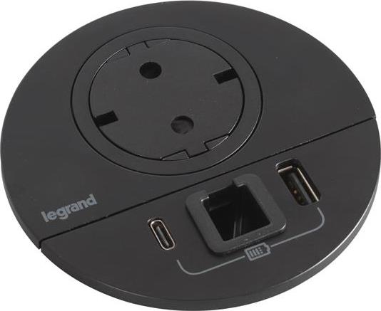 Модул за вграждане в бюро с 1х Шуко и USB тип A+C, кабел 2m, Ø80mm, цвят ЧЕРЕН, Incara Disq Legrand