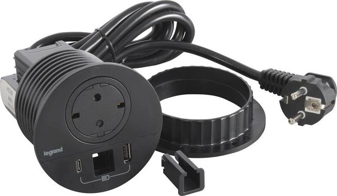 Модул за вграждане в бюро с 1х Шуко и USB тип A+C, кабел 2m, Ø80mm, цвят ЧЕРЕН, Incara Disq Legrand