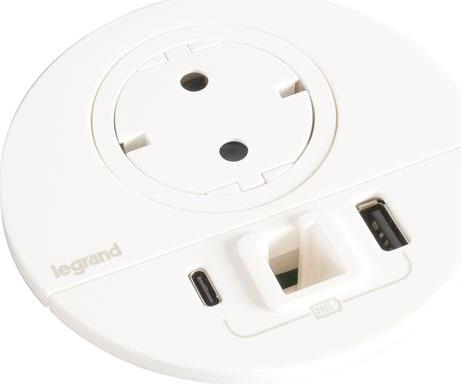 Модул за вграждане в бюро с 1х Шуко и USB тип A+C, кабел 2m, Ø80mm, цвят БЯЛ, Incara Disq Legrand