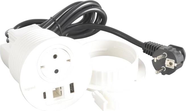 Модул за вграждане в бюро с 1х Шуко и USB тип A+C, кабел 2m, Ø80mm, цвят БЯЛ, Incara Disq Legrand