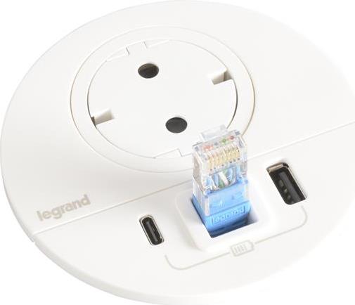 Модул за вграждане в бюро с 1х Шуко и USB тип A+C, кабел 2m, Ø80mm, цвят БЯЛ, Incara Disq Legrand