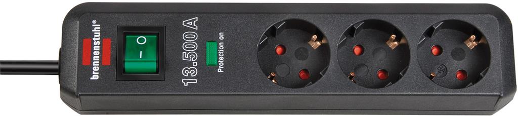 Разклонител с копче ЧЕРЕН 3x2P+E с гръмозащита с кабел 1.5 метра / 1.5mm2 Eco-Line Brennenstuhl