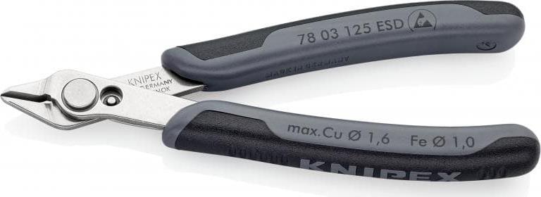Клещи резачки Super-Knips, неръждаема стомана, черно-сива ръкохватка 125мм, ESD, с отваряща пружина, Knipex