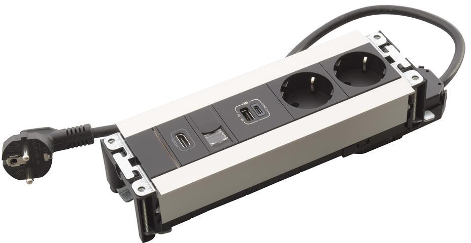 Мебелна кутия с 2х Шуко, USB тип A+C, HDMI и RJ45 Cat.6 UTP, кабел 2m, 247x80mm, цвят ЧЕРЕН МЕТАЛ, Incara Multilink Legrand