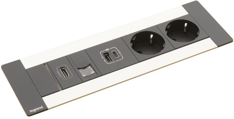 Мебелна кутия с 2х Шуко, USB тип A+C, HDMI и RJ45 Cat.6 UTP, кабел 2m, 247x80mm, цвят ЧЕРЕН МЕТАЛ, Incara Multilink Legrand