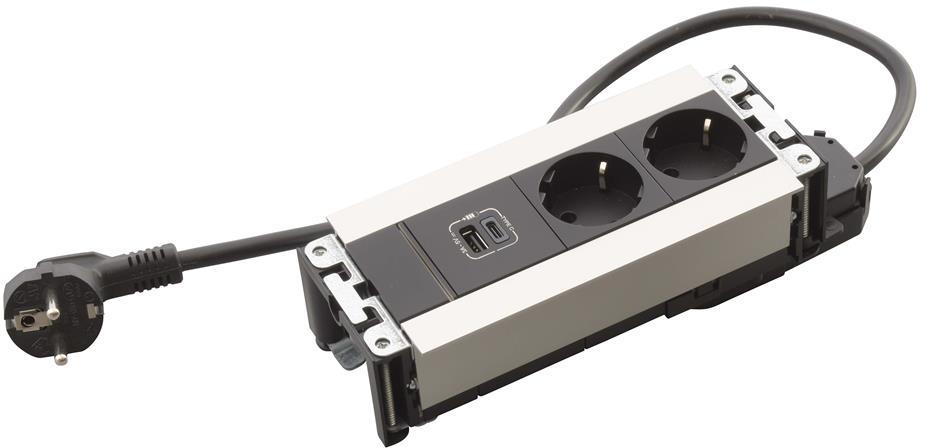 Мебелна кутия с 2х Шуко и USB тип A+C, кабел 2m, 202x80mm, цвят ЧЕРЕН МЕТАЛ, Incara Multilink Legrand