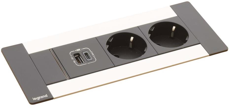 Мебелна кутия с 2х Шуко и USB тип A+C, кабел 2m, 202x80mm, цвят ЧЕРЕН МЕТАЛ, Incara Multilink Legrand