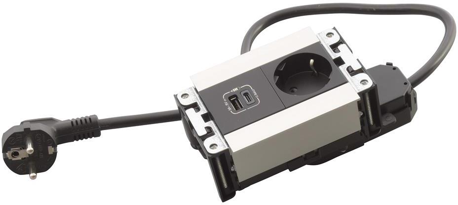 Мебелна кутия с 1х Шуко и USB тип A+C, кабел 2m, 134x80mm, цвят ЧЕРЕН МЕТАЛ, Incara Multilink Legrand