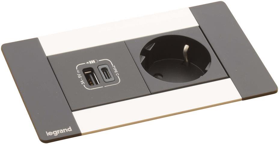 Мебелна кутия с 1х Шуко и USB тип A+C, кабел 2m, 134x80mm, цвят ЧЕРЕН МЕТАЛ, Incara Multilink Legrand