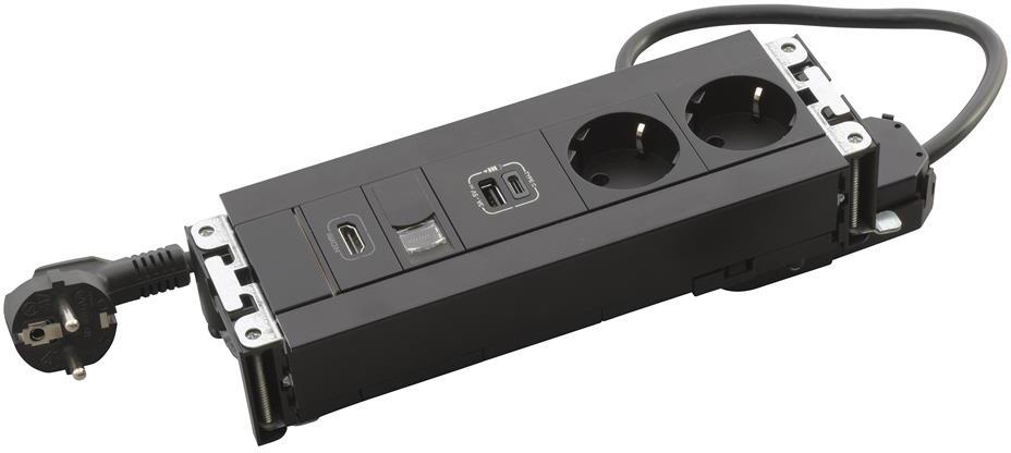 Мебелна кутия с 2х Шуко, USB тип A+C, HDMI и RJ45 Cat.6 UTP, кабел 2m, 247x80mm, цвят ЧЕРЕН, Incara Multilink Legrand