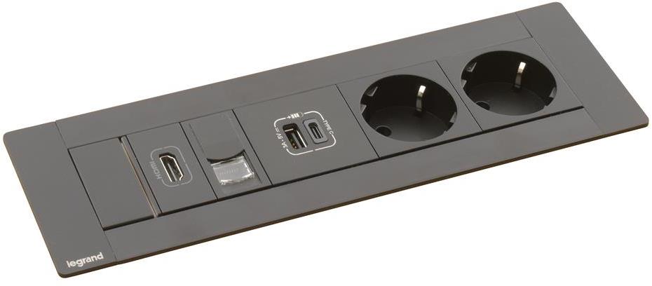 Мебелна кутия с 2х Шуко, USB тип A+C, HDMI и RJ45 Cat.6 UTP, кабел 2m, 247x80mm, цвят ЧЕРЕН, Incara Multilink Legrand