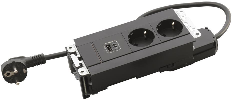 Мебелна кутия с 2х Шуко и USB тип A+C, кабел 2m, 202x80mm, цвят ЧЕРЕН, Incara Multilink Legrand