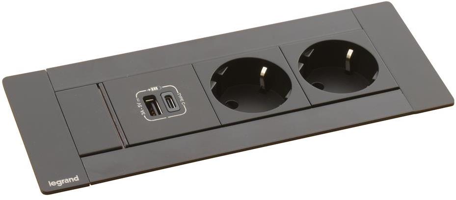 Мебелна кутия с 2х Шуко и USB тип A+C, кабел 2m, 202x80mm, цвят ЧЕРЕН, Incara Multilink Legrand