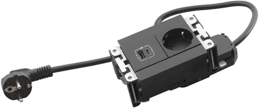 Мебелна кутия с 1х Шуко и USB тип A+C, кабел 2m, 134x80mm, цвят ЧЕРЕН, Incara Multilink Legrand