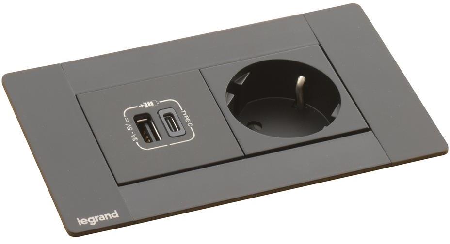 Мебелна кутия с 1х Шуко и USB тип A+C, кабел 2m, 134x80mm, цвят ЧЕРЕН, Incara Multilink Legrand