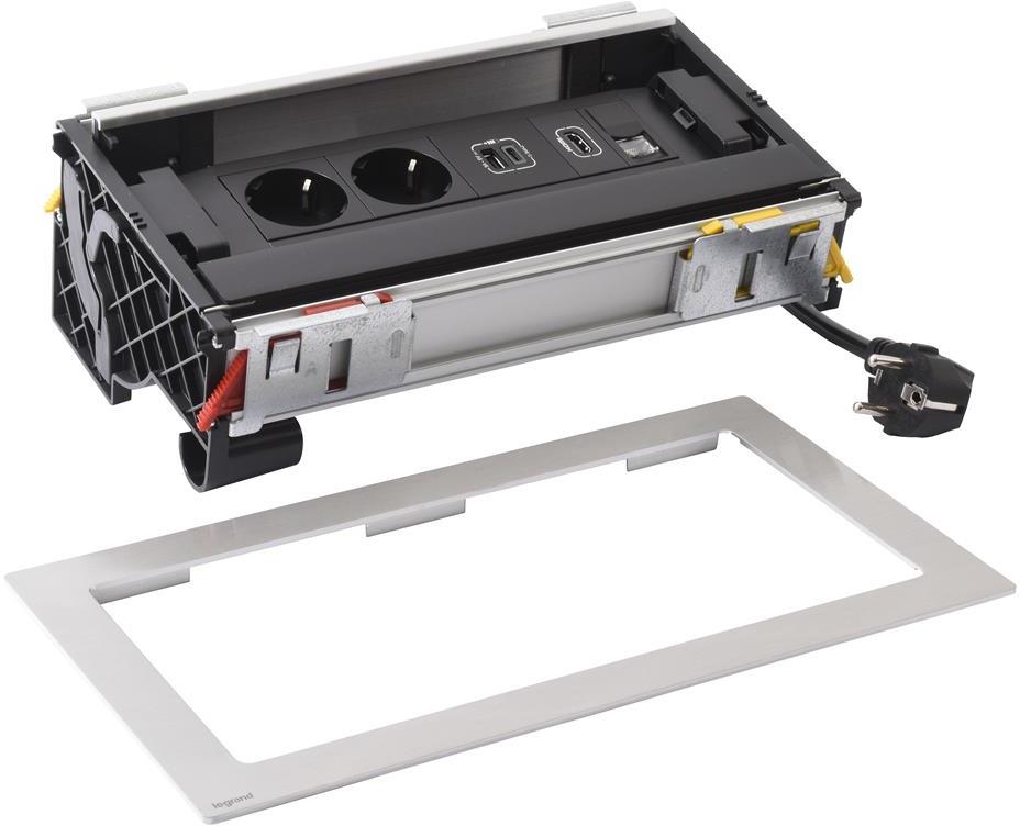 Мебелна кутия с 2х Шуко, USB тип A+C, HDMI и RJ45 Cat.6 UTP, кабел 2m, 303x171mm, цвят ЧЕРЕН МЕТАЛ, Incara Flip-Up Legrand