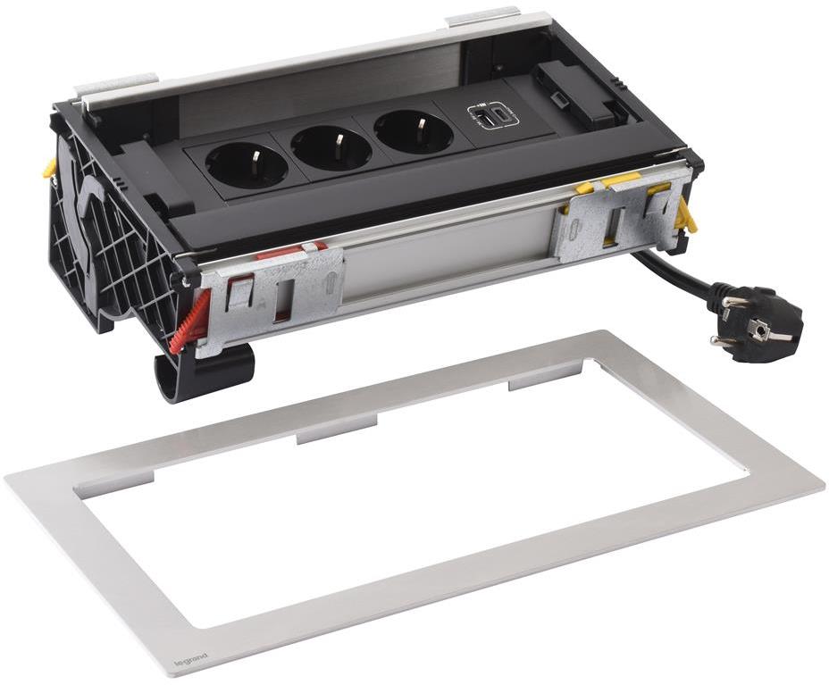 Мебелна кутия с 3х Шуко и USB тип A+C, кабел 2m, 303x171mm, цвят ЧЕРЕН МЕТАЛ, Incara Flip-Up Legrand