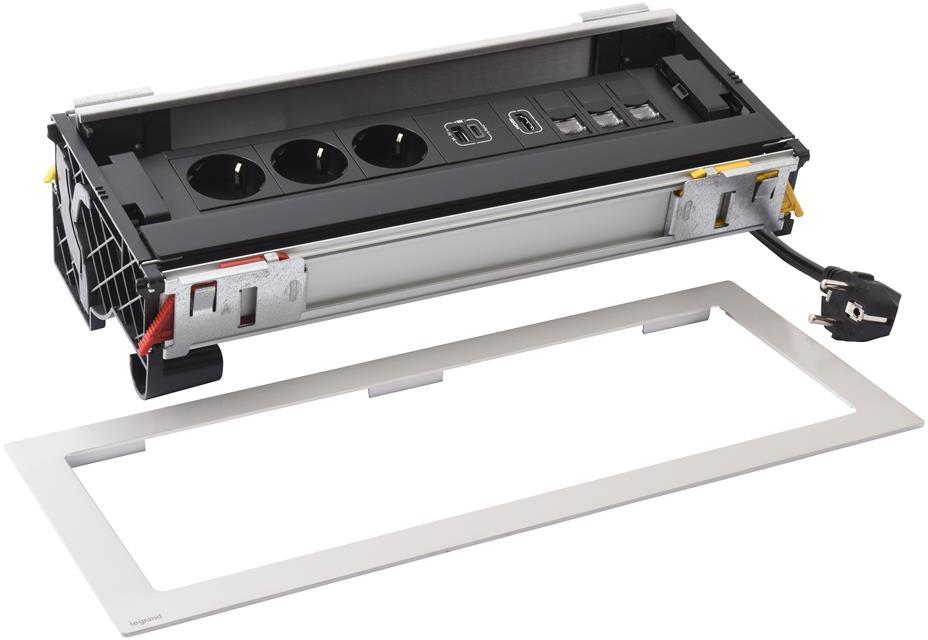 Мебелна кутия с 3х Шуко, USB тип A+C, HDMI и 3x RJ45 Cat.6 UTP, кабел 2m, 393x171mm, цвят ЧЕРЕН МЕТАЛ, Incara Flip-Up Legrand