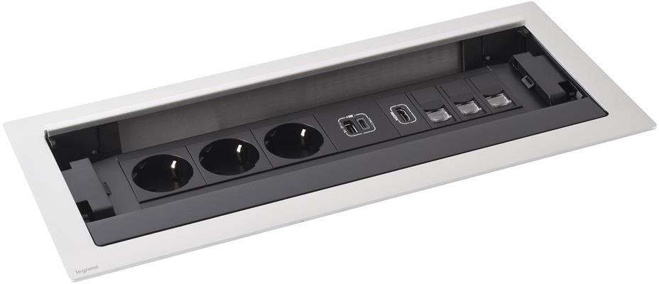 Мебелна кутия с 3х Шуко, USB тип A+C, HDMI и 3x RJ45 Cat.6 UTP, кабел 2m, 393x171mm, цвят ЧЕРЕН МЕТАЛ, Incara Flip-Up Legrand