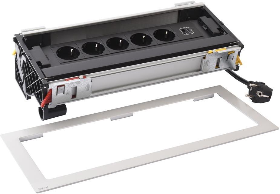 Мебелна кутия с 5х Шуко и USB тип A+C, кабел 2m, 393x171mm, цвят МЕТАЛ, Incara Flip-Up Legrand