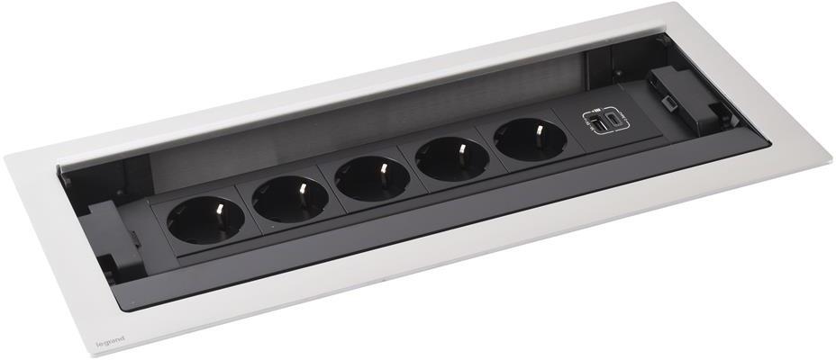 Мебелна кутия с 5х Шуко и USB тип A+C, кабел 2m, 393x171mm, цвят МЕТАЛ, Incara Flip-Up Legrand