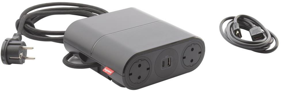 Разклонител 4x Шуко, USB тип A+C и HDMI 2m, кабел 2.5m и GST18, цвят ЧЕРЕН Incara Link'On Legrand