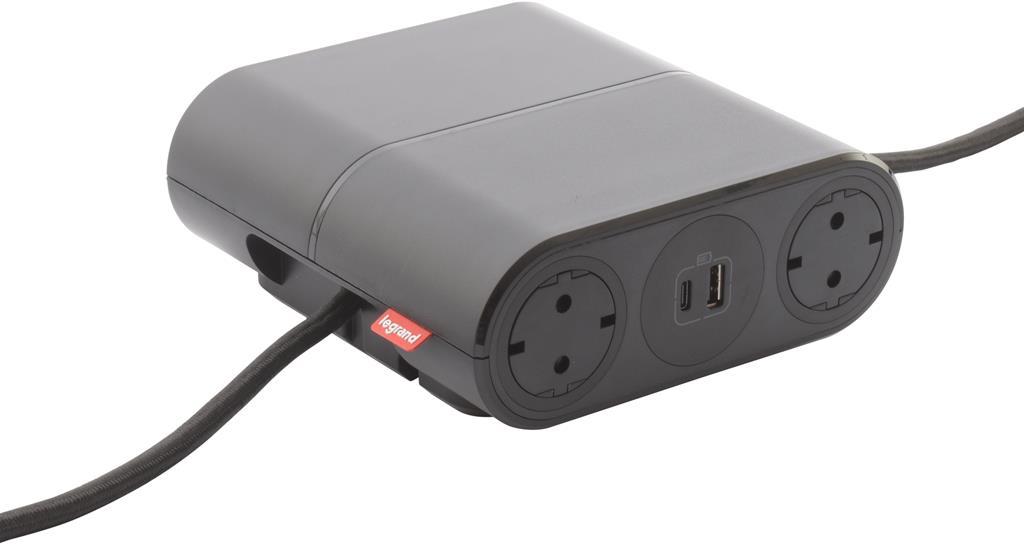 Разклонител 4x Шуко и USB тип A+C, кабел 2.5m и GST18, цвят ЧЕРЕН Incara Link'On Legrand